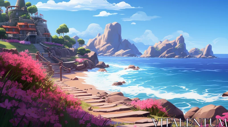 Unusual Island Landscape: 2D Game Art Meets Romantic Riverscapes AI Image