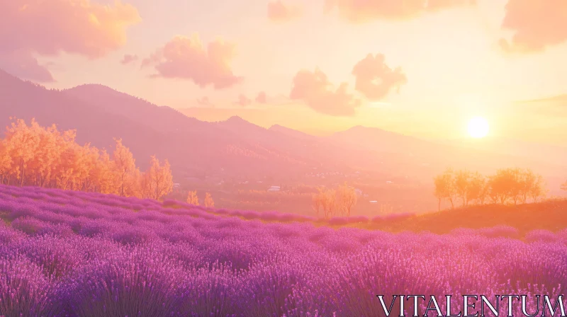 Purple Lavender Field under Golden Sunset AI Image