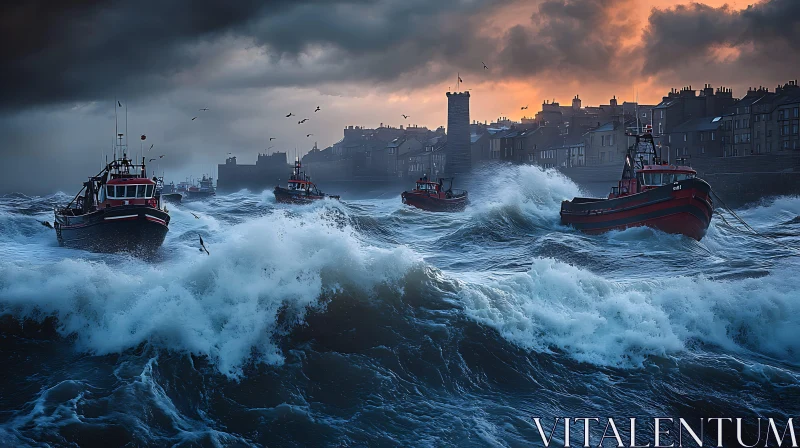 Stormy Sea Adventure with Boats Near Historic Harbor AI Image