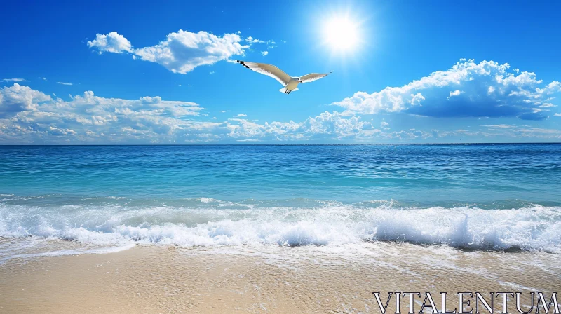 AI ART Tranquil Ocean View with Soaring Seagull