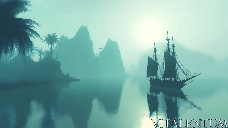 Serene Sailing Ship in Foggy Mountains AI Image