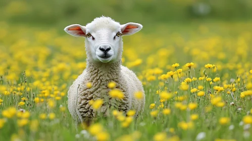 Peaceful Sheep in Yellow Flower Meadow