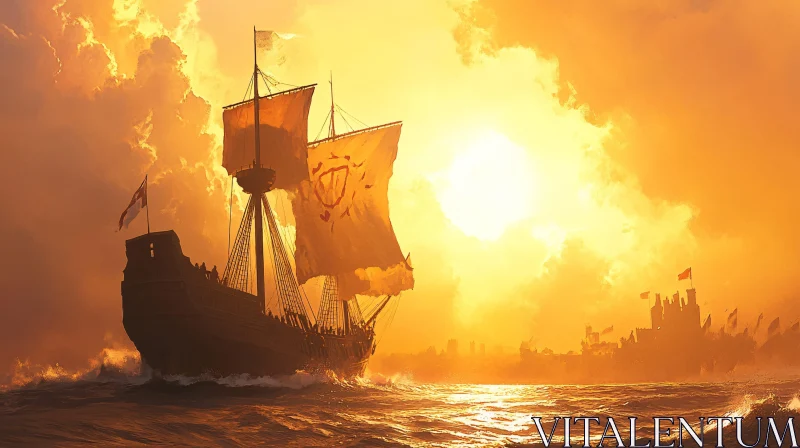 Golden Horizons: Ship and Castle at Sunset AI Image