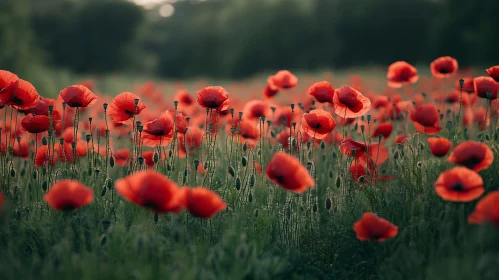 Blooming Red Poppies in a Lush Green Meadow