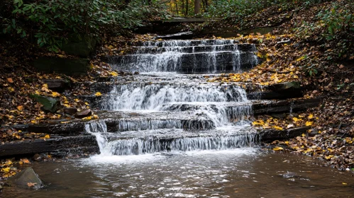 Cascading Waterfall with Autumn Leaves