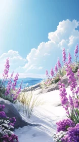 Tranquil Coastal Landscape with Blossoming Wildflowers