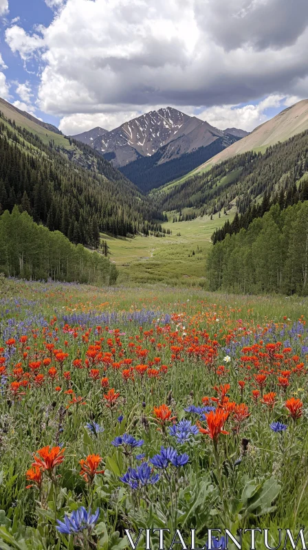 AI ART Beautiful Nature with Wildflower Meadow and Mountains