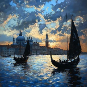 Gondolas at Sunset in Venice with Stunning Architecture