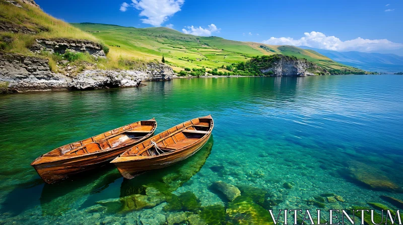 Wooden Boats on Crystal Clear Lake Amidst Rolling Hills AI Image