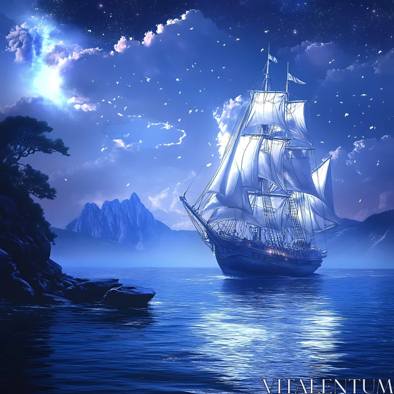 Sailing Ship in Moonlit Ocean AI Image