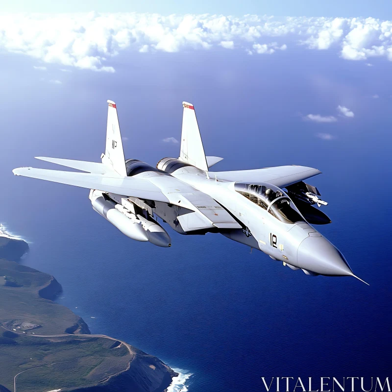 Military Aircraft in Flight Over Ocean AI Image