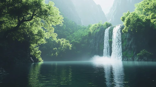 Tranquil Waterfall in Mountains and Forest