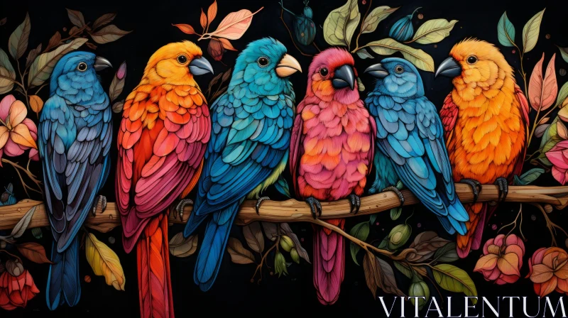 Colorful Parakeets on Branch - A Fusion of Street Art and Nature AI Image
