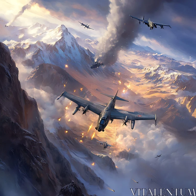 Warplanes in Fierce Battle Over Mountainous Landscape AI Image