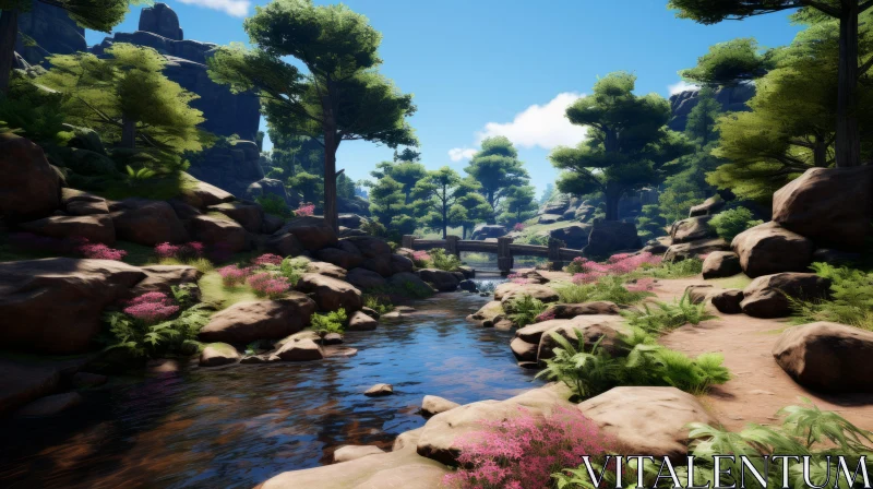 Ethereal Landscape: Stream Amidst Rocks and Flowers AI Image