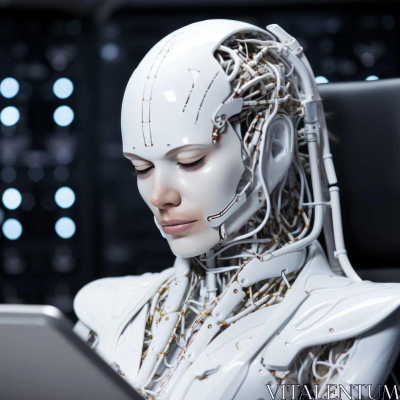Technological Marvel: Female Cyborg in Office Setting AI Image