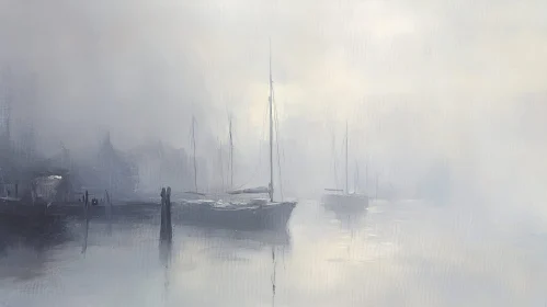 Serene Harbor Scene with Sailboats in Fog