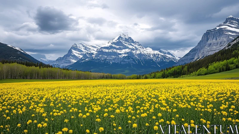 AI ART Vibrant Flower Field at Mountain Base