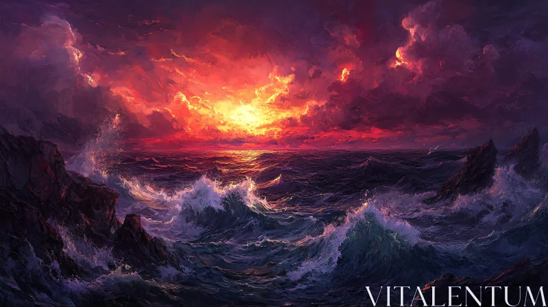 Fiery Sunset Over Ocean Waves AI Image