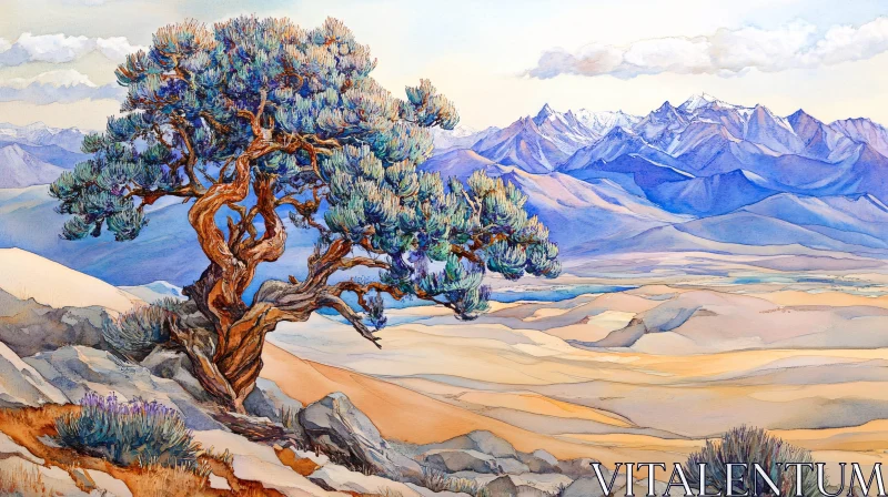 AI ART Mountainous Scene with Lone Tree