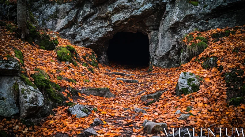 AI ART Autumn Leaves Leading to a Dark Cave