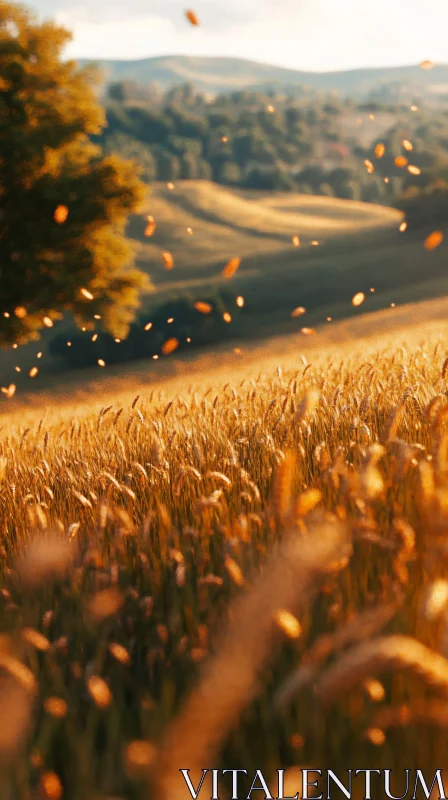 Autumn Wheat Field with Golden Leaves AI Image