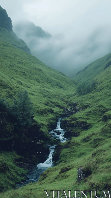 AI ART Tranquil Green Valley with Waterfall