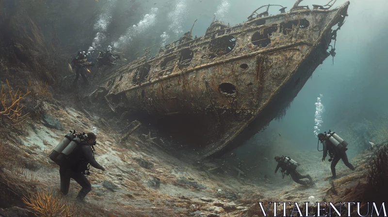 Underwater Divers Exploring a Rusty Shipwreck AI Image