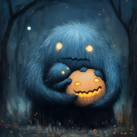 Spooky Forest Night with Fluffy Monsters and Jack-O'-Lantern