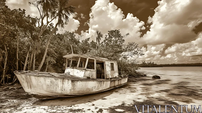 Weathered Boat in Sepia Landscape AI Image