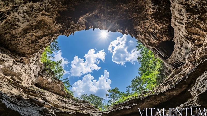 AI ART Sunbeam through Cave Opening with Green Trees and Clouds