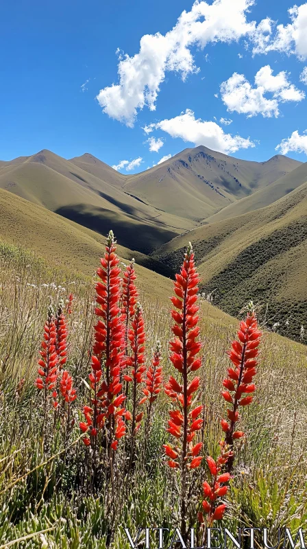 Red Blooms in Mountainous Terrain AI Image