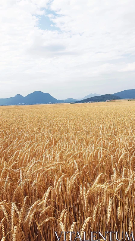 Serene Wheat Field Landscape with Mountainous Horizon AI Image