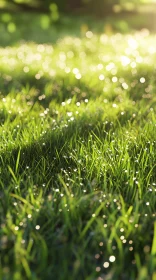 Sunlit Dew on Green Grass with Bokeh Effect