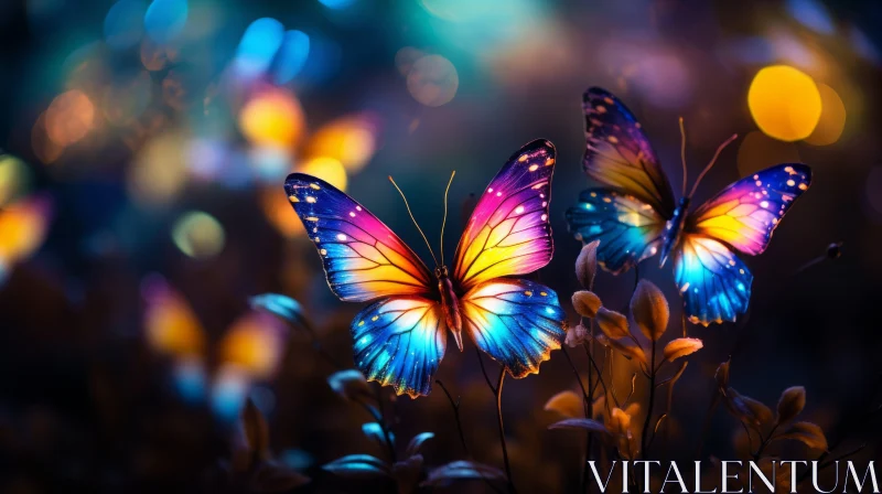 Enchanting Night Scene with Illuminated Butterflies AI Image