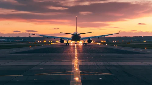 Commercial Plane on Runway at Sunset