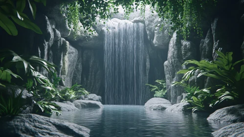 Peaceful Waterfall with Lush Vegetation