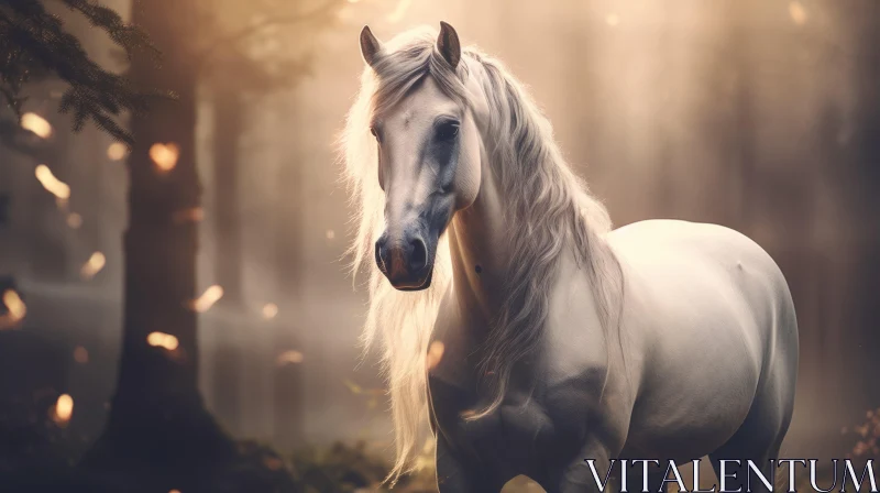 White Horse in Sunlit Forest: A Baroque Animal Portrait AI Image