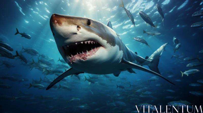 White Shark Amidst Fish in Photorealistic Style AI Image