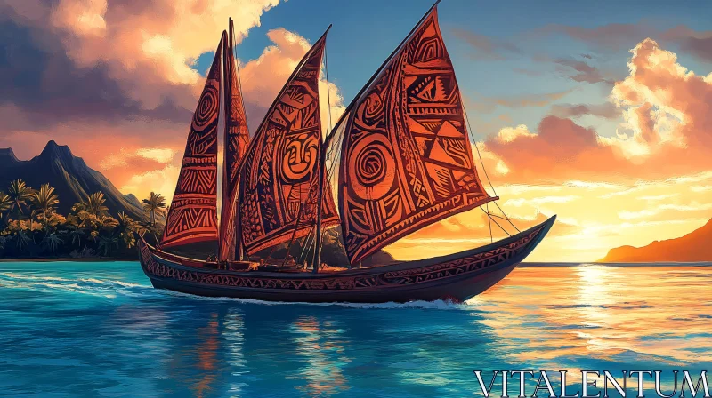 Sailboat with Tribal Sails at Sunset on Ocean AI Image