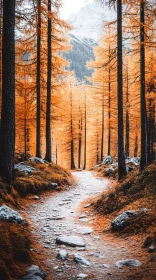 Autumn Forest Path Leading to Snowy Mountains