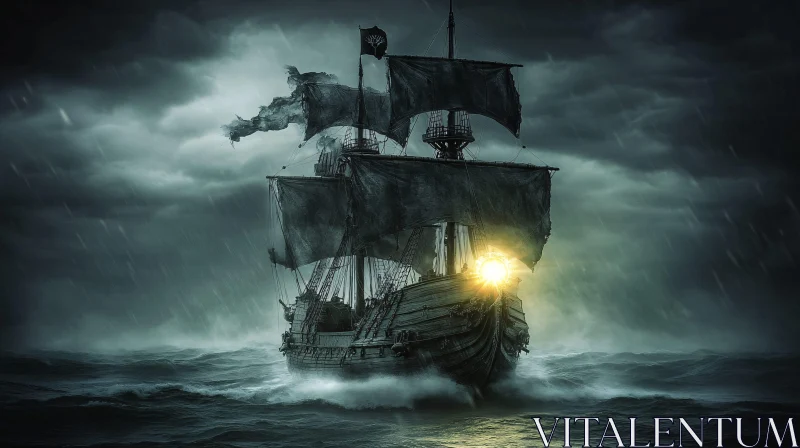 Sailing Ship in a Stormy Ocean Night AI Image