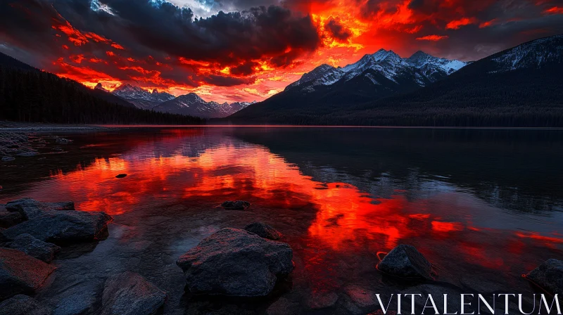 AI ART Fiery Mountain Sunset Reflected in Lake