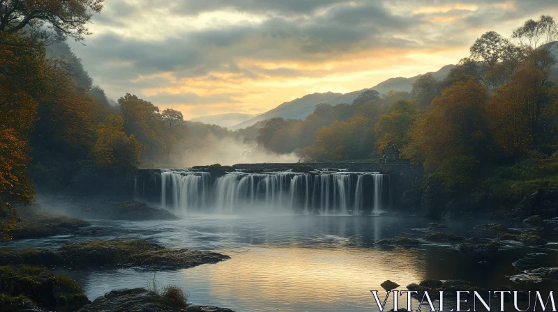 AI ART Misty River Waterfall with Autumn Foliage