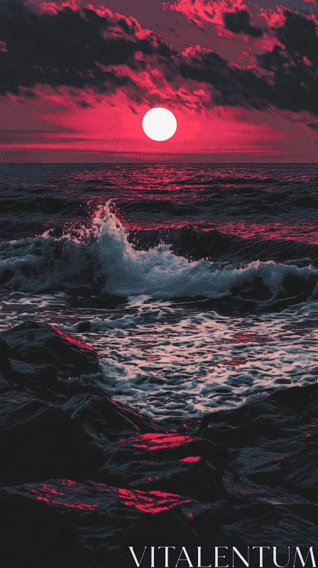 AI ART Crimson Sunset over Churning Sea