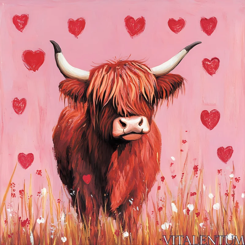 Cute Highland Cow in Heart-Filled Field AI Image