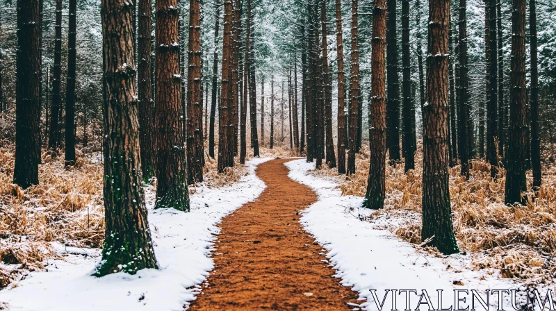 Snow-Dusted Forest Path with Tall Trees AI Image