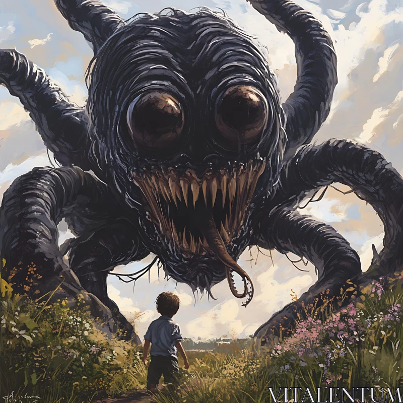 Child Confronts Giant Monster in a Field AI Image