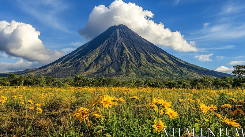 AI ART Breathtaking Mountain Scenery with Yellow Flower Field