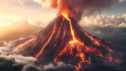 Fiery Lava Flow from Erupting Volcano